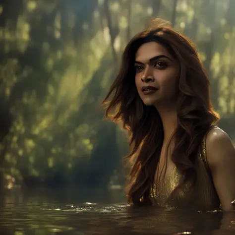 close up portrait of a cute woman (deepika padukone) bathing in a river, reeds, (backlighting), realistic, masterpiece, highest ...