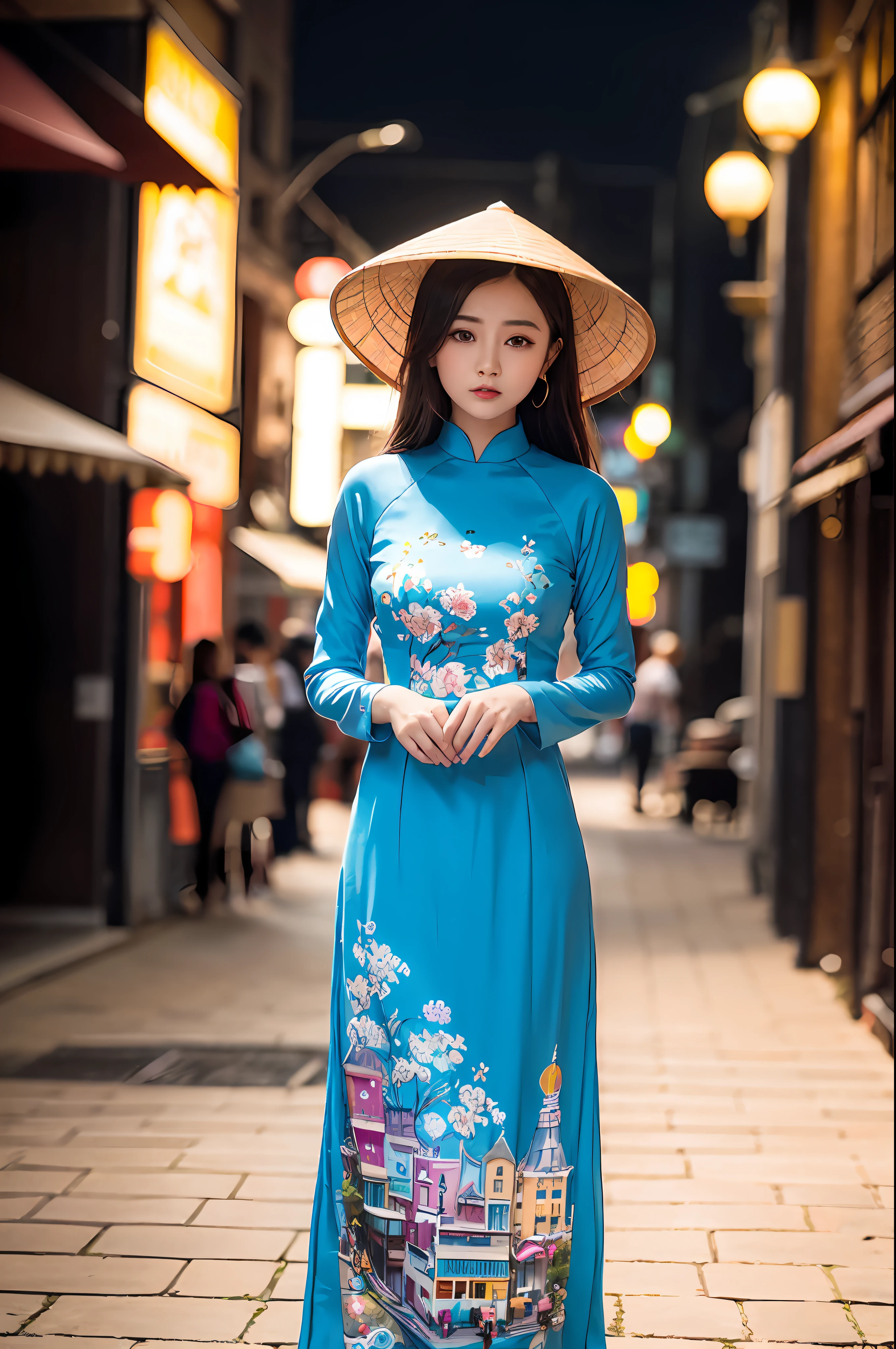 a beautiful girl in vintage bright colors aodai tradition viet nam, city nigth, masterpiece, best quality, realistic:1.3, street, cyberpunk, sunlight, backlighting, artstation, intricate details, vignette, city night, antique car, Hoi An, Conical Hat traditional viet nam