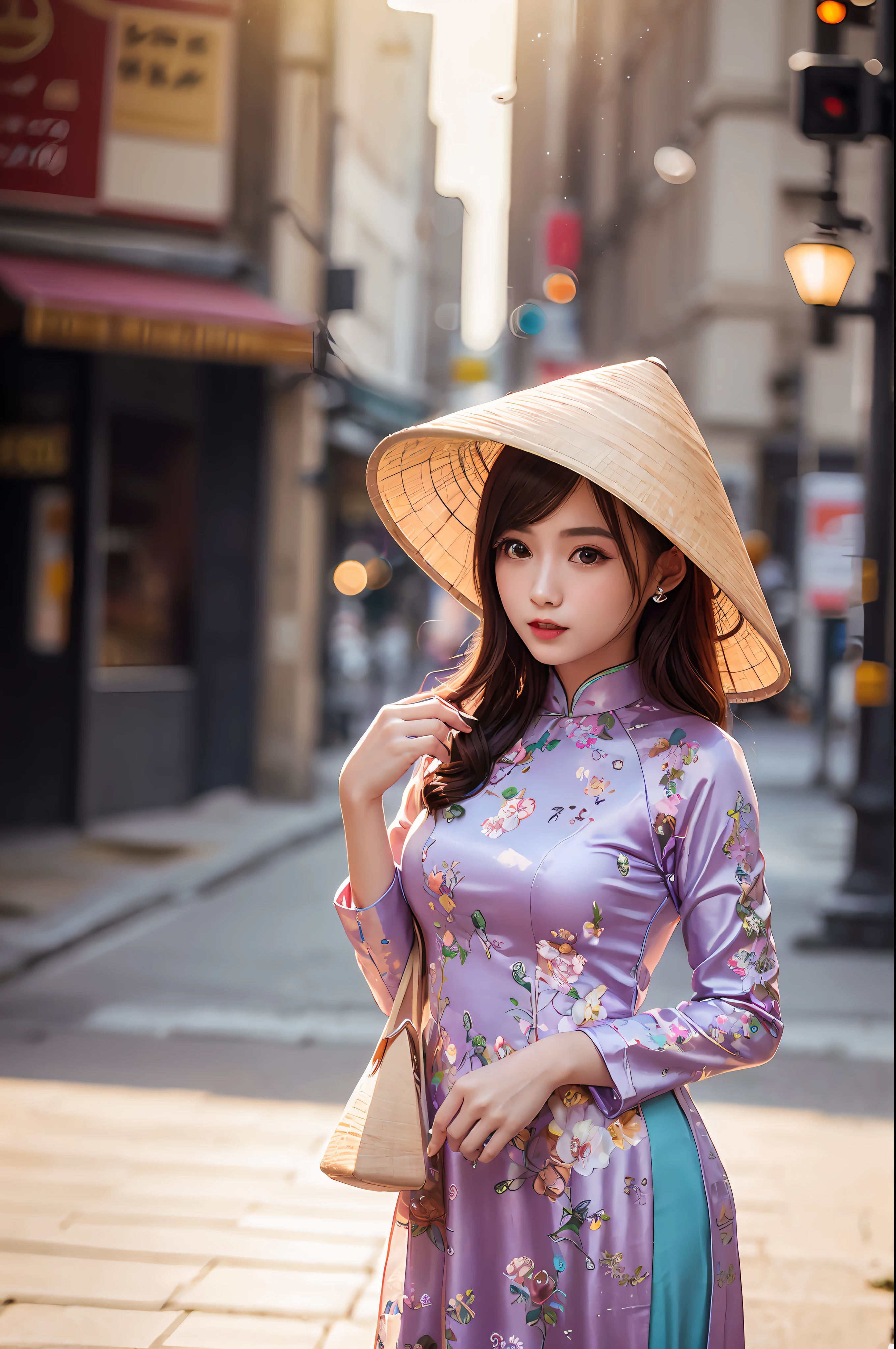 a beautiful girl in vintage bright colors aodai tradition viet nam, city nigth, masterpiece, best quality, realistic:1.3, street, cyberpunk, sunlight, backlighting, artstation, intricate details, vignette, city night, antique car, Hoi An, Conical Hat traditional viet nam