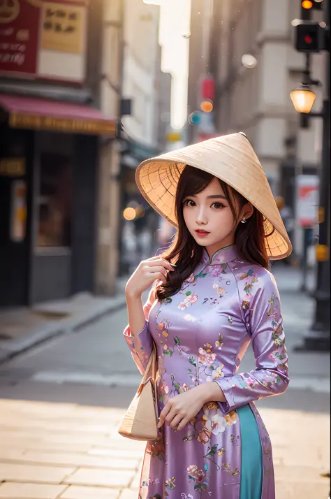 a beautiful girl in vintage bright colors aodai tradition viet nam, city nigth, masterpiece, best quality, realistic:1.3, street...