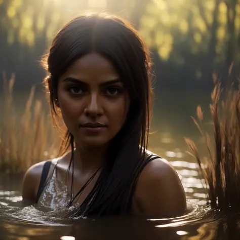 close up portrait of a cute woman (Mrunal Thakur) bathing in a river, reeds, (backlighting), realistic, masterpiece, highest qua...