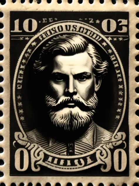 blond bearded hunk head on a stamp. Nineteenth century poster style. . Black and white. Black background. In the style of Dan Mc...