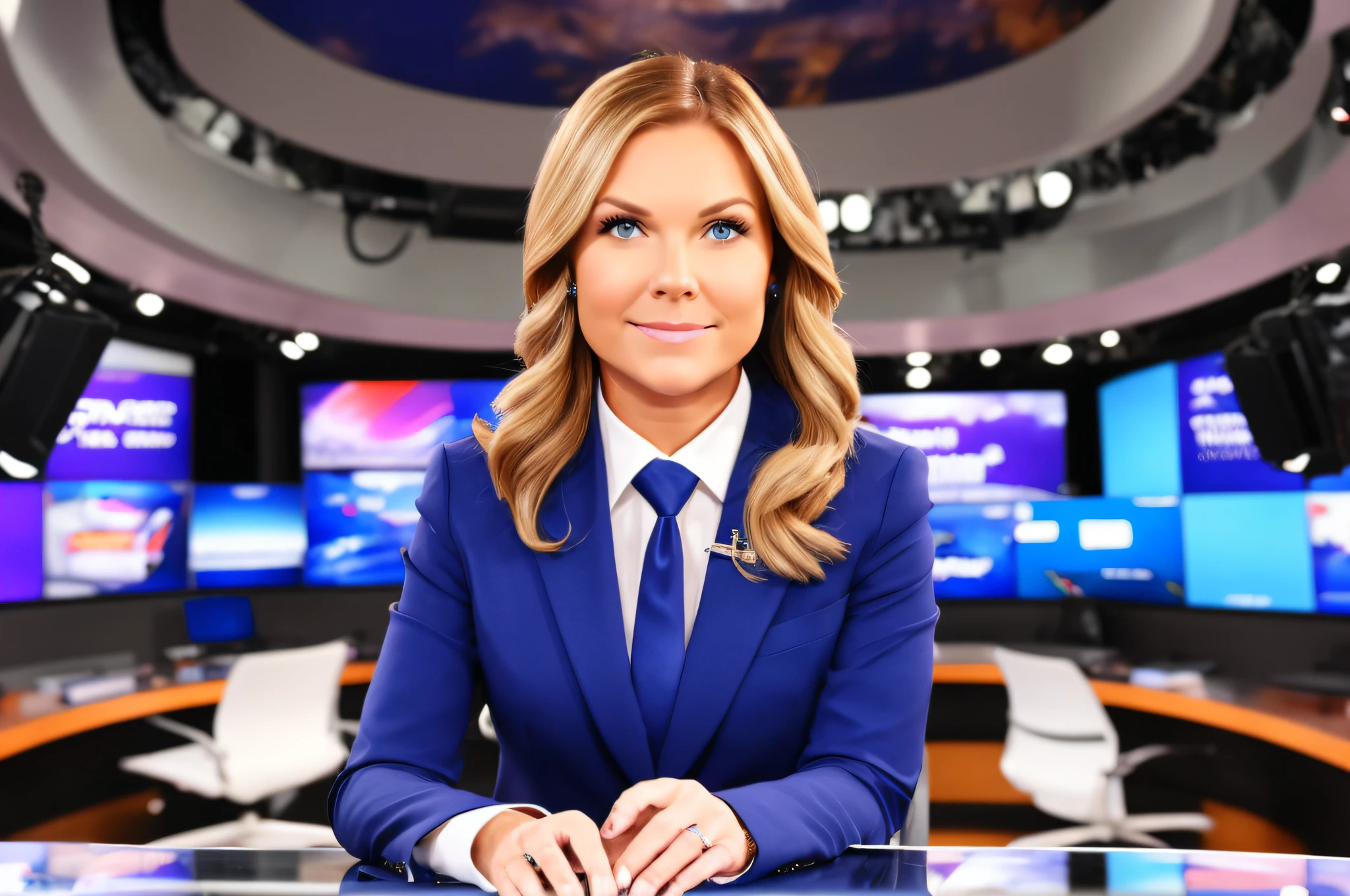 A news anchor sitting at a desk looking at the camera inside the news studio, a blonde woman with black hair and blue eyes wearing a white suit.