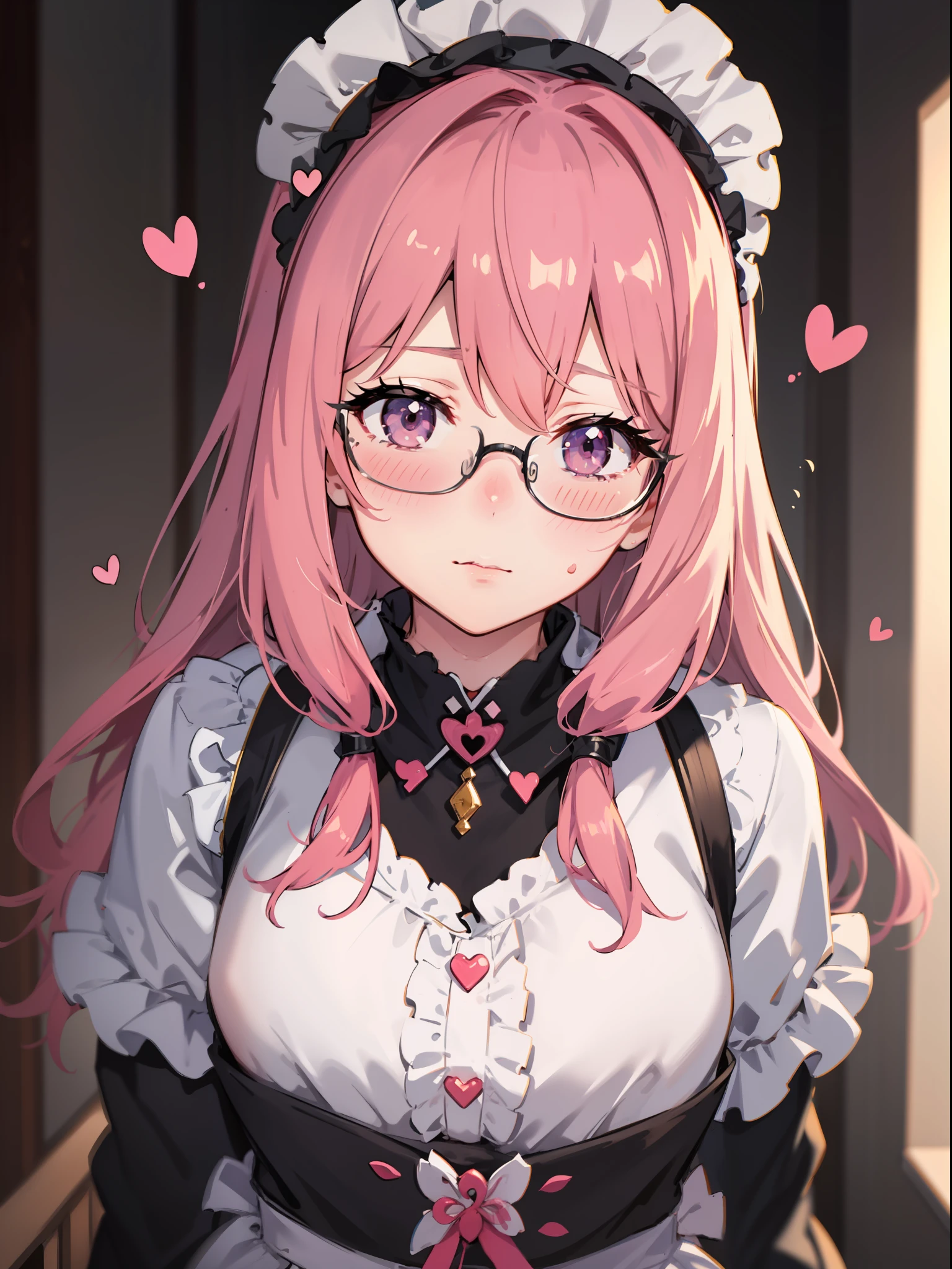 pink hair, heart ahoge, maid headdress, bespectacled, half-closed eyes, shy, blush, ear blush, full blush, tachi-e, pov, lens flare, Eye-Level Shot, Sony FE GM, chiaroscuro, cinematic lighting, drop shadow, stereogram, anime style, UHD, masterpiece, textured skin, anatomically correct, high quality, high details, highres, 16k，An anime girl，Very shyly covered her cheeks