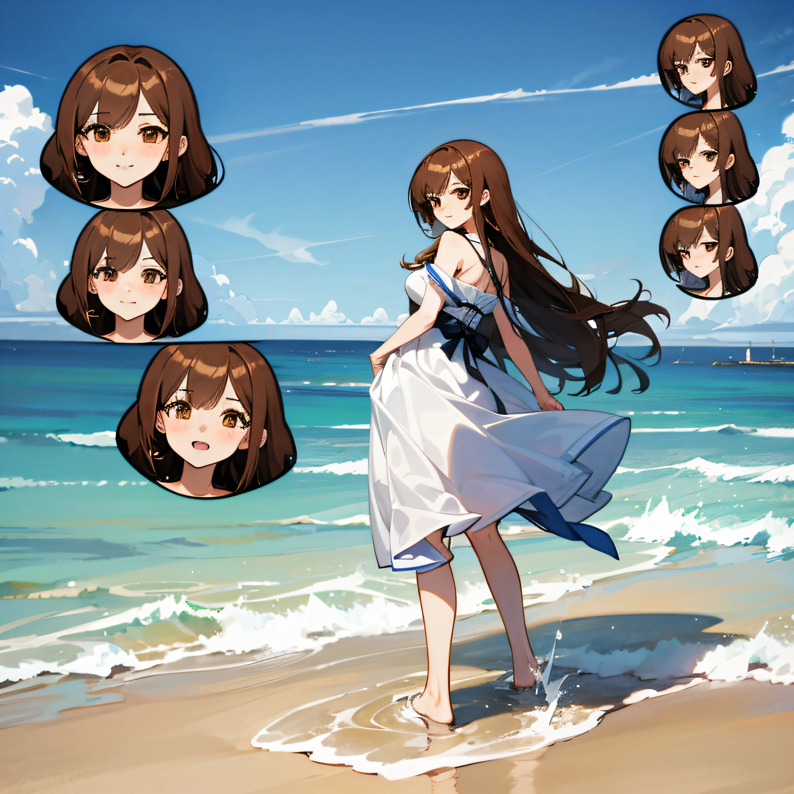 Anime girl in white dress standing on beach with many different expressions  - SeaArt AI