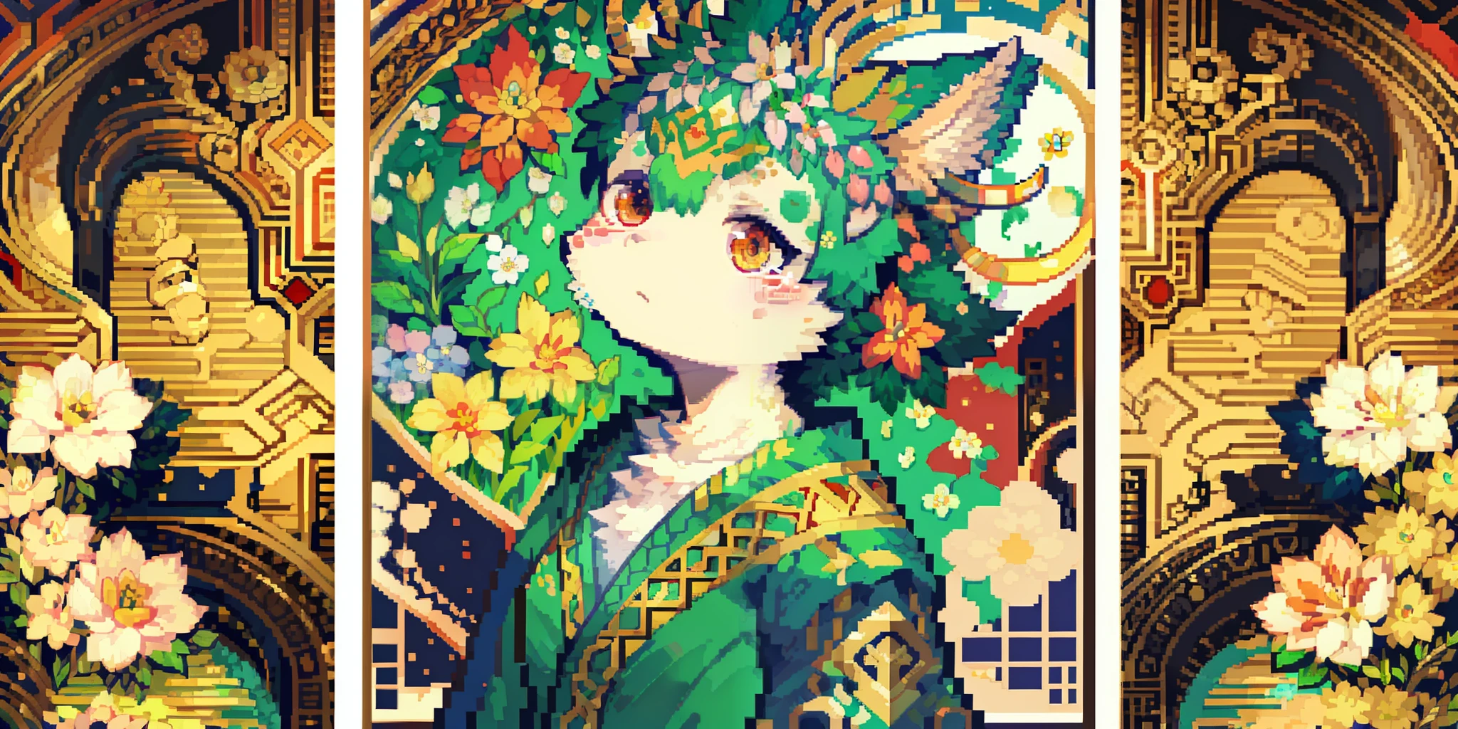 top quality, best quality, logo mark, stamp, Geometric pattern, vector-art, High-quality illustrations by Alfons Mucha, masterpiece(kemono, furry anthro)flower, pixel art,