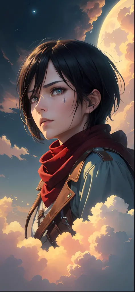 ((best quality)), ((masterpiece)), (detailed), mikasa ackerman, black hair, black eyes, horror beauty, perched on a cloud, (red ...