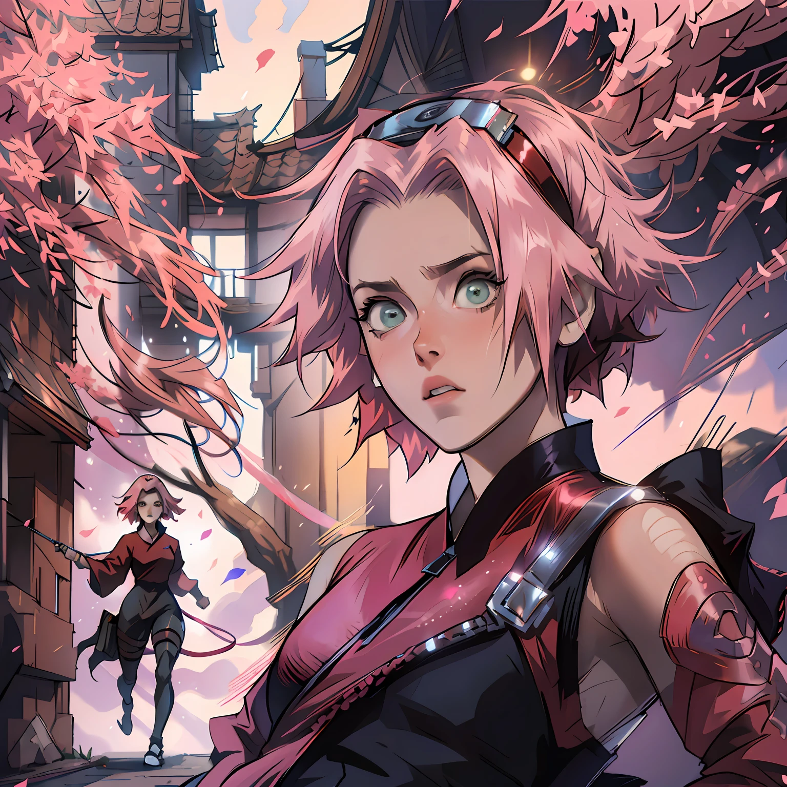 nmasterpiece， hoang lap， （intrincadamente detalhado）， （rich colourful）， cinamtic lighting， Extremely detailed 8k CG unit wallpaper， 1 girl， very large breast， sakura haruno， Puppy pose， POV， nsfw， provocative， nervousness， embarressed， face red， torn laundry， Partial nudity，sakura haruno，The forehead has a purple prismatic mark --auto