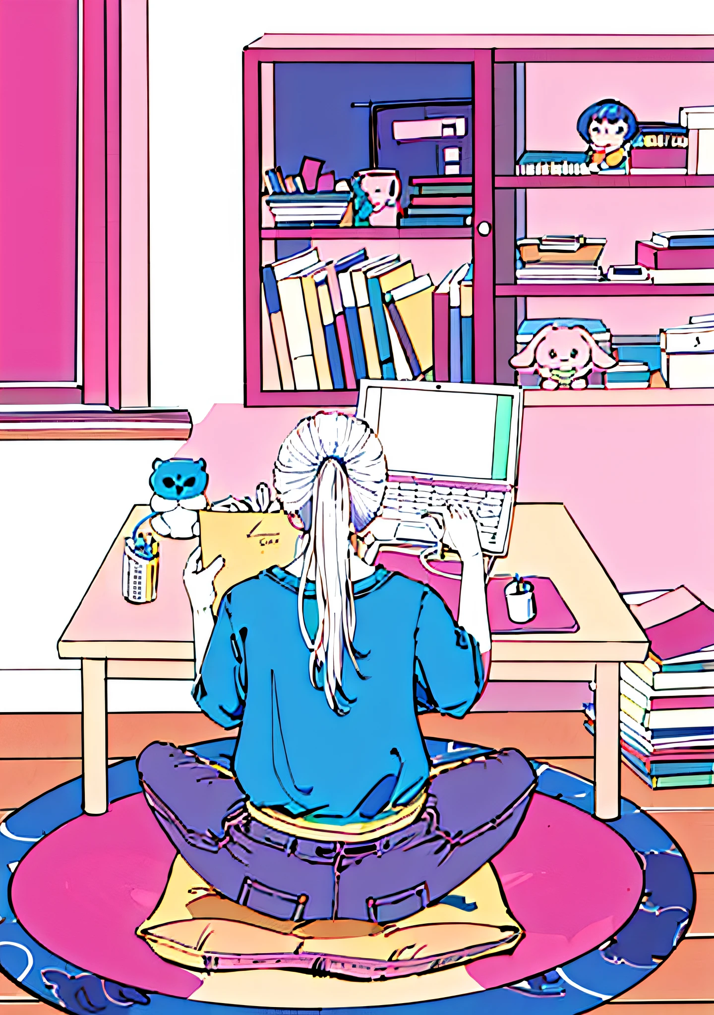 drawing of a woman sitting on a floor using a laptop, line art colouring page, full page illustration, line art illustration, clean coloring book page, lineart, Line - Art, line art!!, sitting in front of the computer, full page illustration, studyng in bedroom, sitting in front of the computer, simple lineart, trying to study, coloring book page