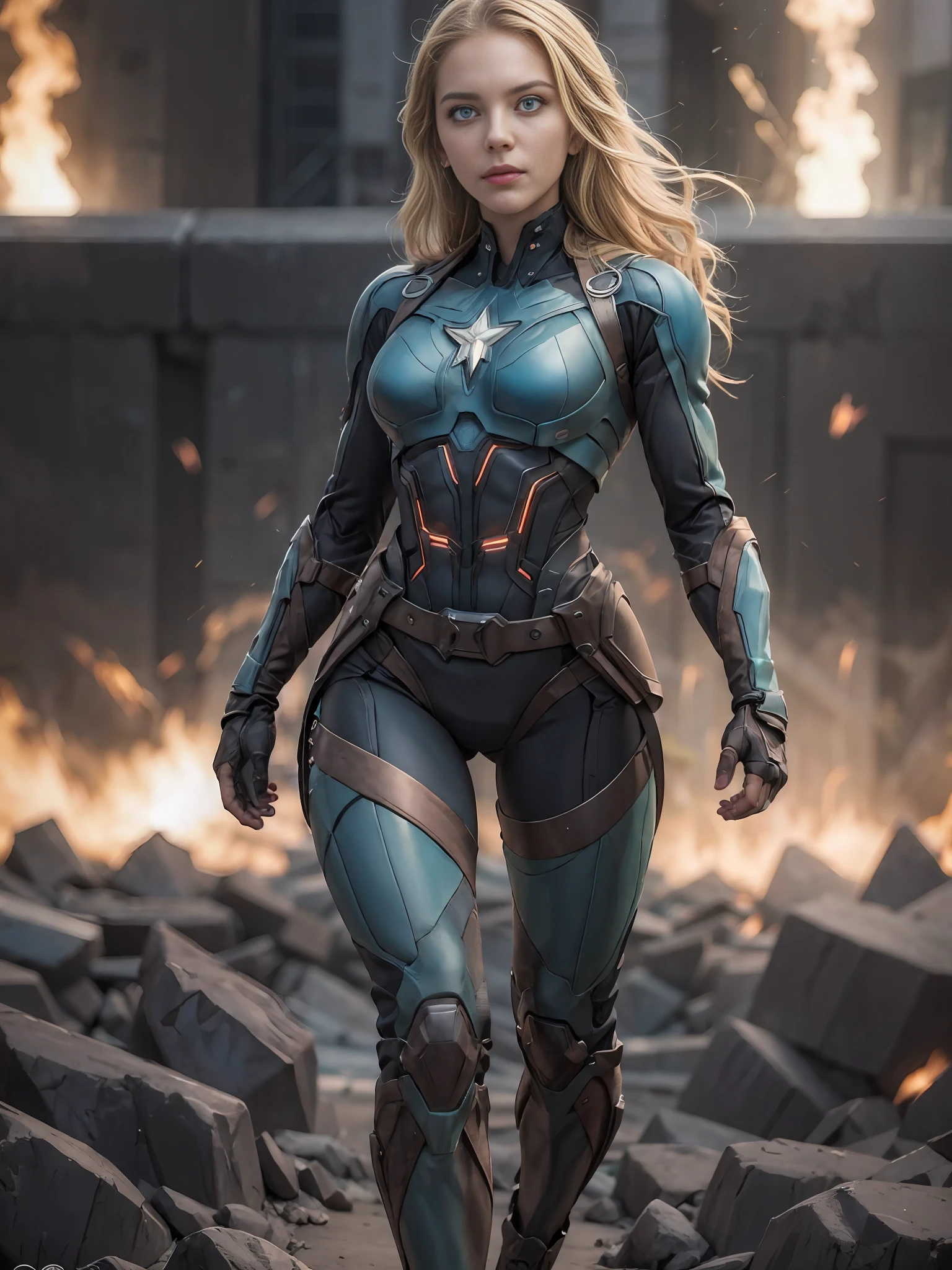 Erstellen Sie ein superrealistisches, wirklich süßes, junges, schönes Mädchen im Captain America-Kostüm aus Marvel, ohne Maske , hochdetaillierte Textur im Gesicht, dramatische Beleuchtung, blondes Haar , hochauflösendes Rohbild,  Feuerpartikel in der Szene, 8K, beste Qualität, ultrahohe Auflösung, (realism: 1.4), real, Fotografie,  kaltes Gesicht, (Cyan-Pupillen), ((grüne Kristallaugen)), Ganzkörper,