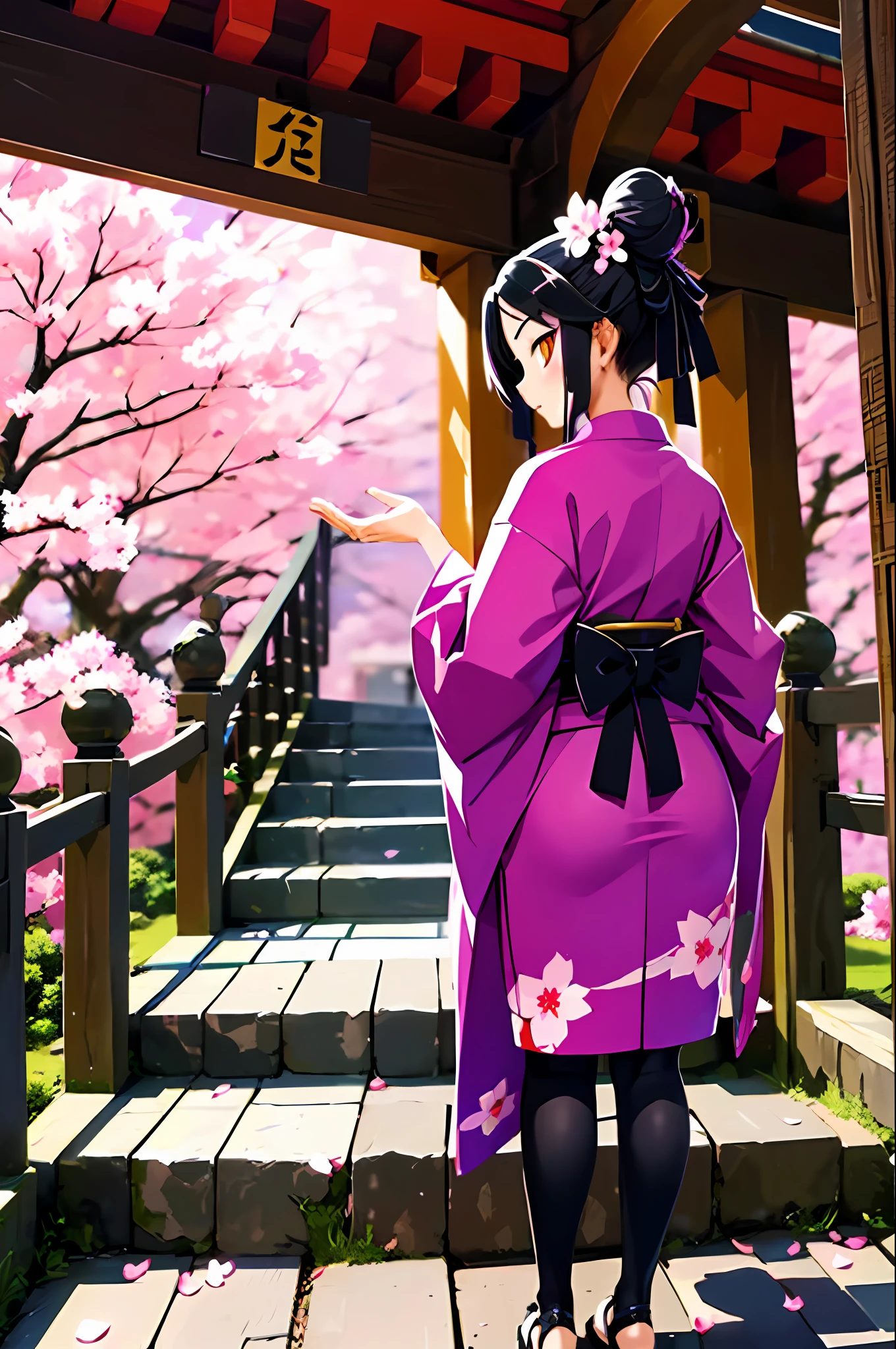 ((masterpiece,best quality)),2girls, black kimono, black legwear, black ribbon, black hair, cherry blossom, daytime, flower, bun, hair ribbon, japanese clothes, kimono, long hair, viewer, looking back, multiple girls, obi, outdoors, red eyes, red hair, ribbon, sandals, single hair bun, stairs, standing, statue, torii, tree, white kimono, yellow eyes