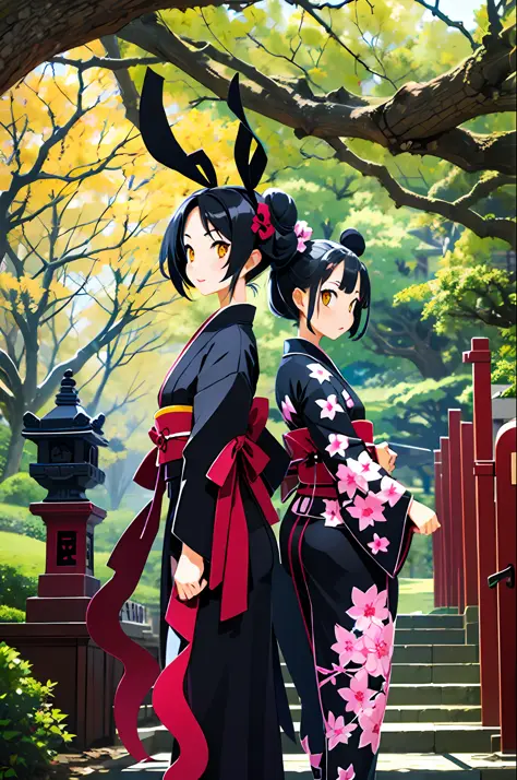 ((masterpiece,best quality)),2girls, black kimono, black legwear, black ribbon, black hair, cherry blossom, daytime, flower, bun...