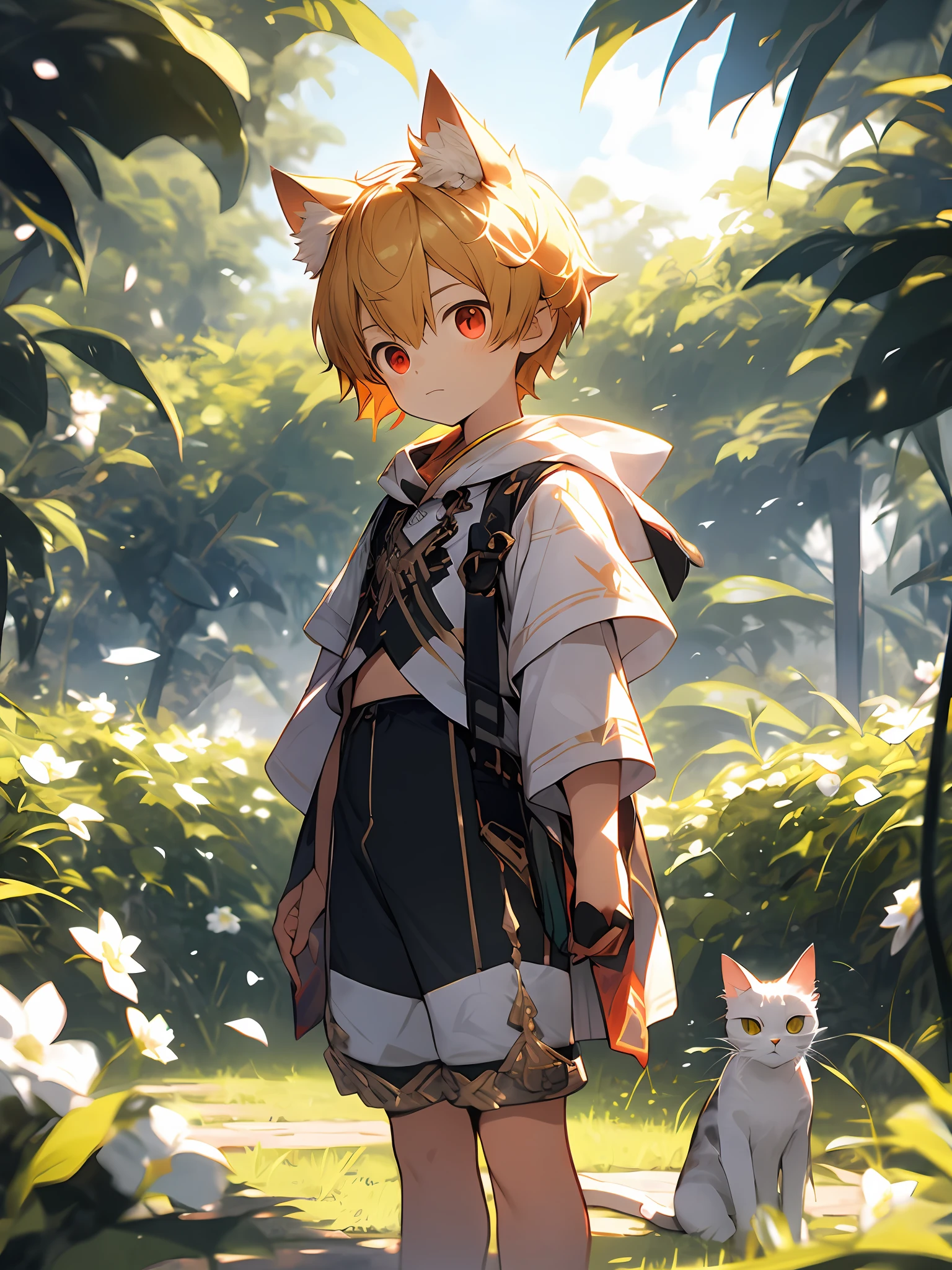 three quarter view，Shota，Golden hair，toddlers，Red eyes，cat ear ，cat tails， Cutes， to stand， Master masterpieces， high resolucion，8K，detailedbackground，highly quality，Libido boy，独奏，knicker，grass field，white blossoms， 《fates/kaleid liner 魔法少女☆伊莉雅 3rei!!》，gilgamesh，