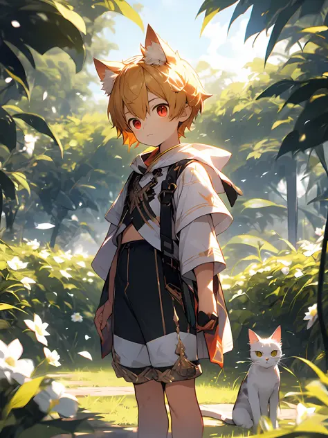 three quarter view，Shota，Golden hair，toddlers，Red eyes，cat ear ，cat tails， Cutes， to stand， Master masterpieces， high resolucion...