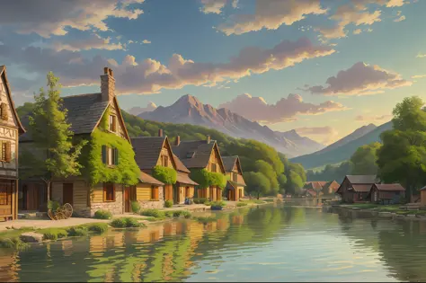 Little (Town) Village built on a small lake surrounded by mountains, (time of day) sky, warm colors, realistic, in the style of CAMILLE PISSARRO --auto --s2
