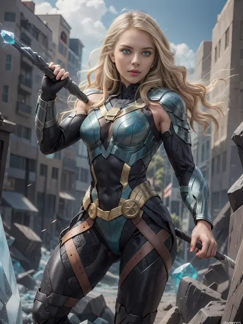 Create super realistic real cute young beautiful girl in thor suit from marvel, without mask , high detail texture in face, dram...