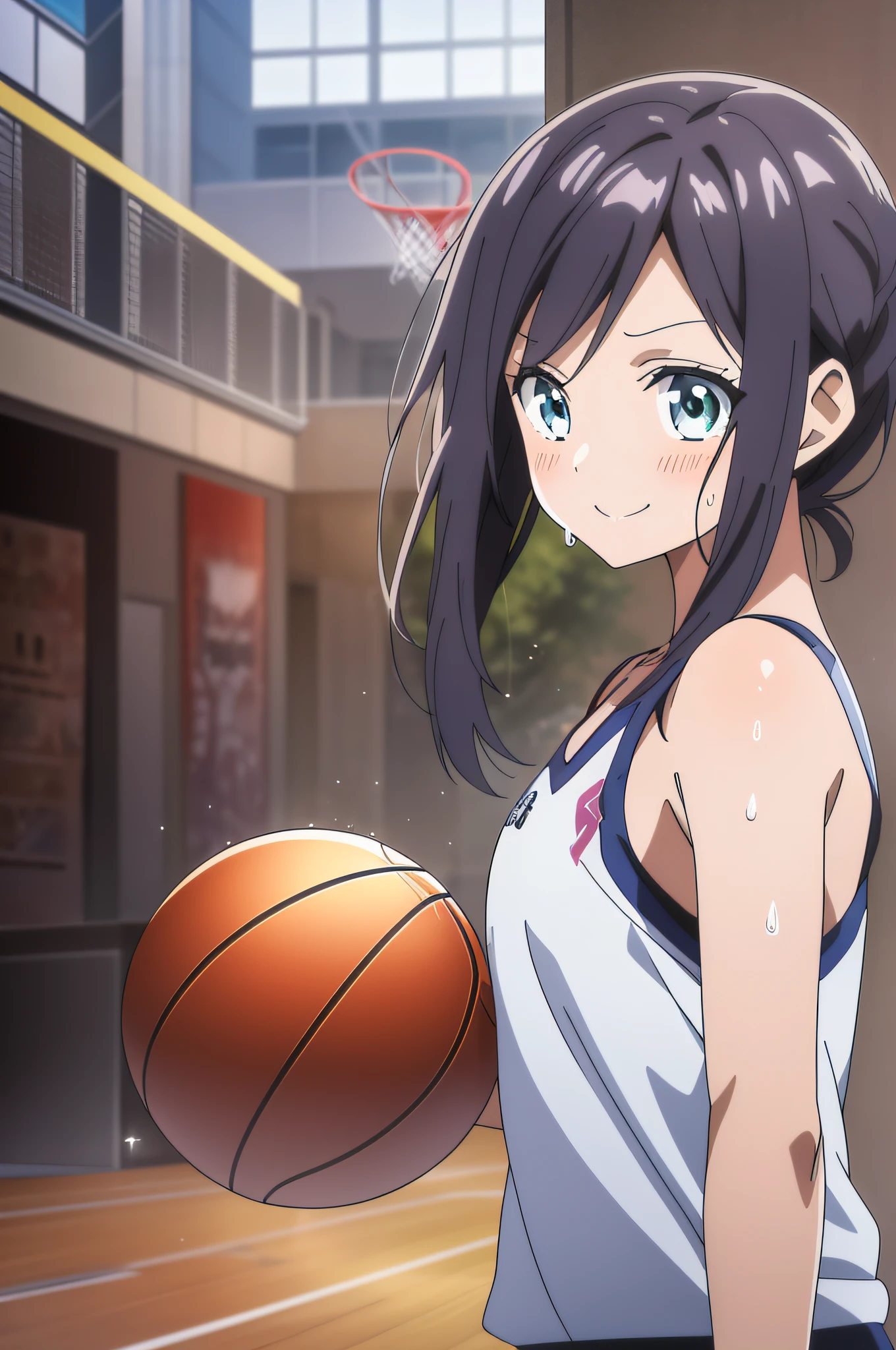 (beste-Quality,アニメ,Anime Art Style:1.2), Young girl, 13years, the sweat、Playing Basketball,Intense angle、Speedy movement,looking away,Looks fun、a smile