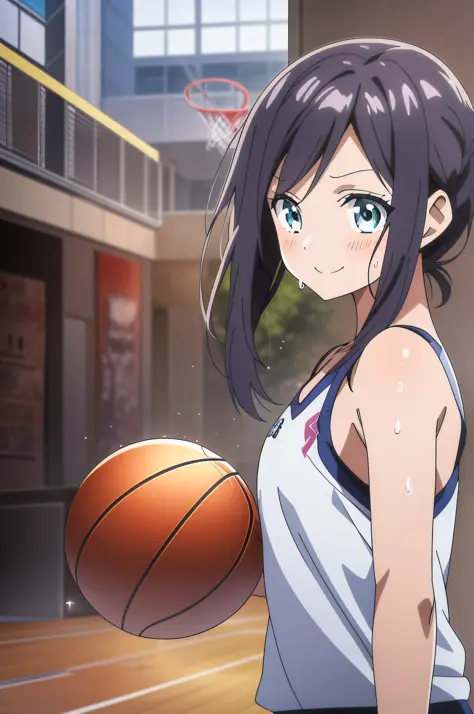 (beste-Quality,アニメ,Anime Art Style:1.2), Young girl, 13years, the sweat、Playing Basketball,Intense angle、Speedy movement,looking...