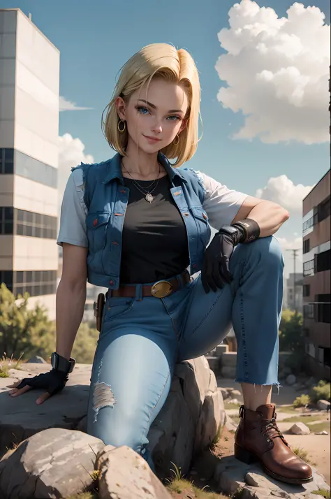 masterpiece, best quality, ultra-detailed, absurdres, Portrait of beautiful Android18DB, solo, earrings, jewelry, denim, smile, ...