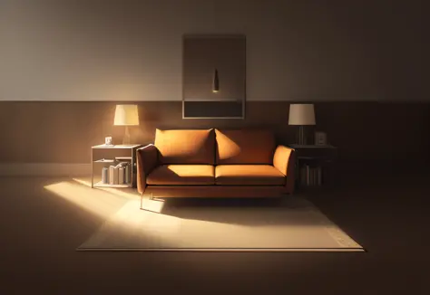 a drawing of a living room with a couch, coffee table, and a lamp, 2 point perspective, 2 - point perspective, 1-point perspective, 5 point perspective, point perspective, author：Hugh Hughes, one-point perspective, 3 point perspective, two point perspectiv...