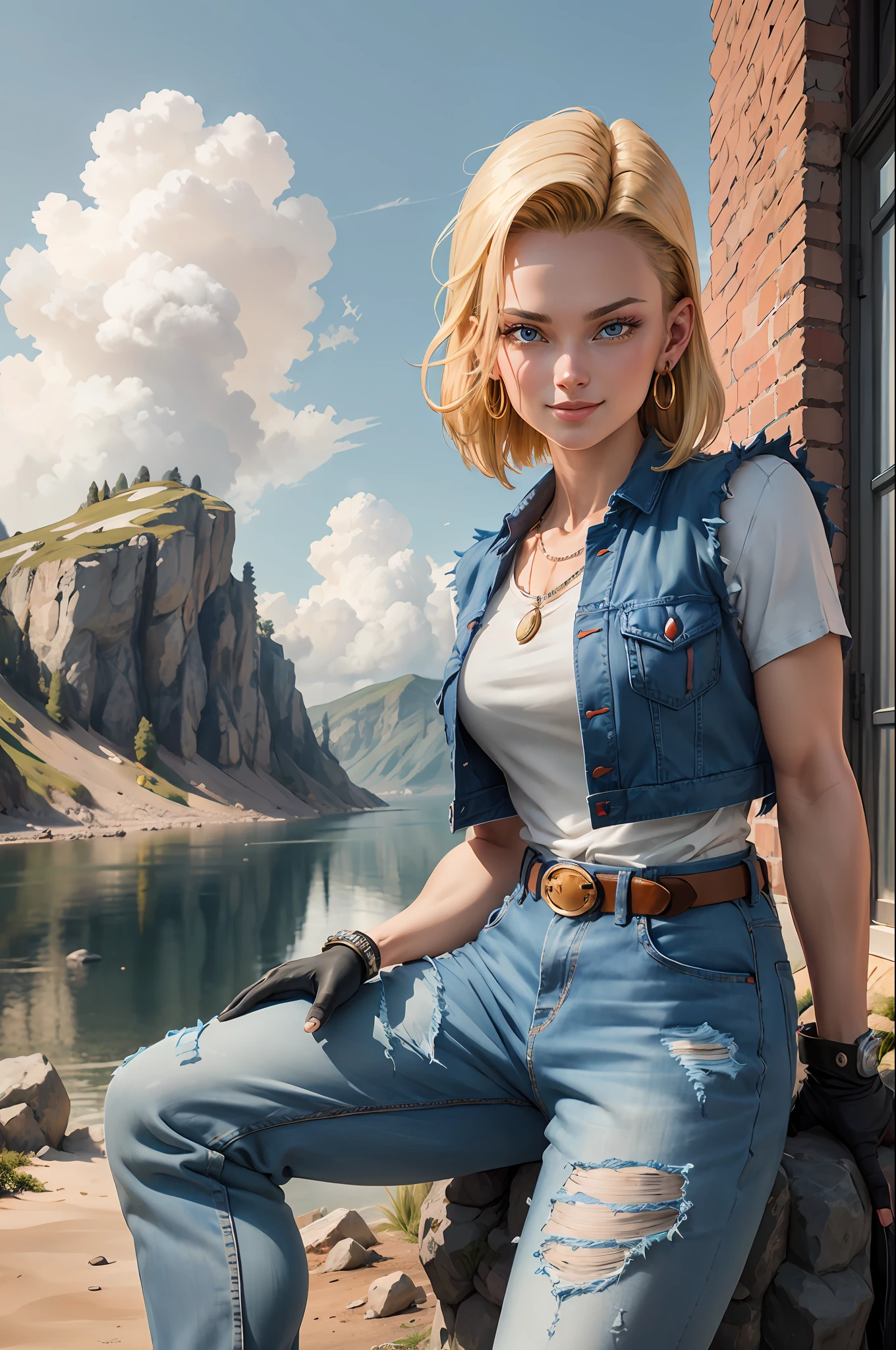 masterpiece, best quality, ultra-detailed, absurdres, Portrait of beautiful Android18DB, solo, earrings, jewelry, denim, smile, belt, vest, cloud, sky, day, pants, outdoors, gloves, necklace, jeans, rock, sitting, sitting_on_rock, volumetric lighting, best quality, masterpiece, intricate details, tonemapping, sharp focus, hyper detailed, trending on Artstation,