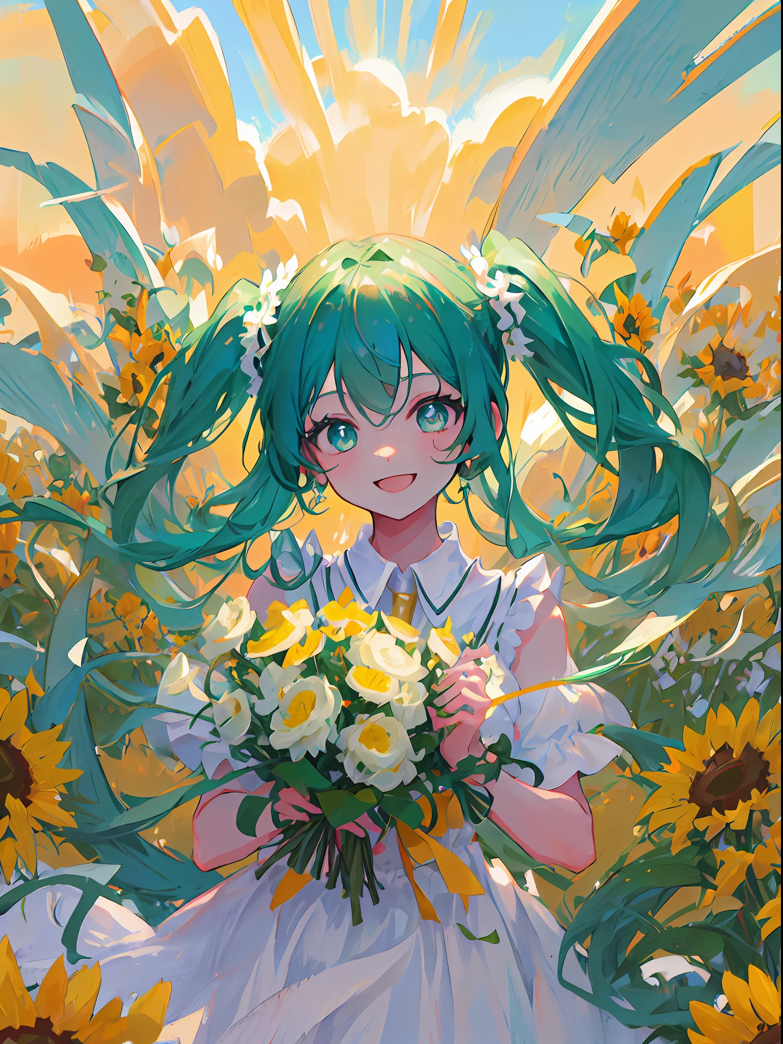 Girl, green hair, twintile, green eyes, beautiful eyes, smile, happy, white dress, bouquet, holding with both hands, upper body, on grassland, golden sky