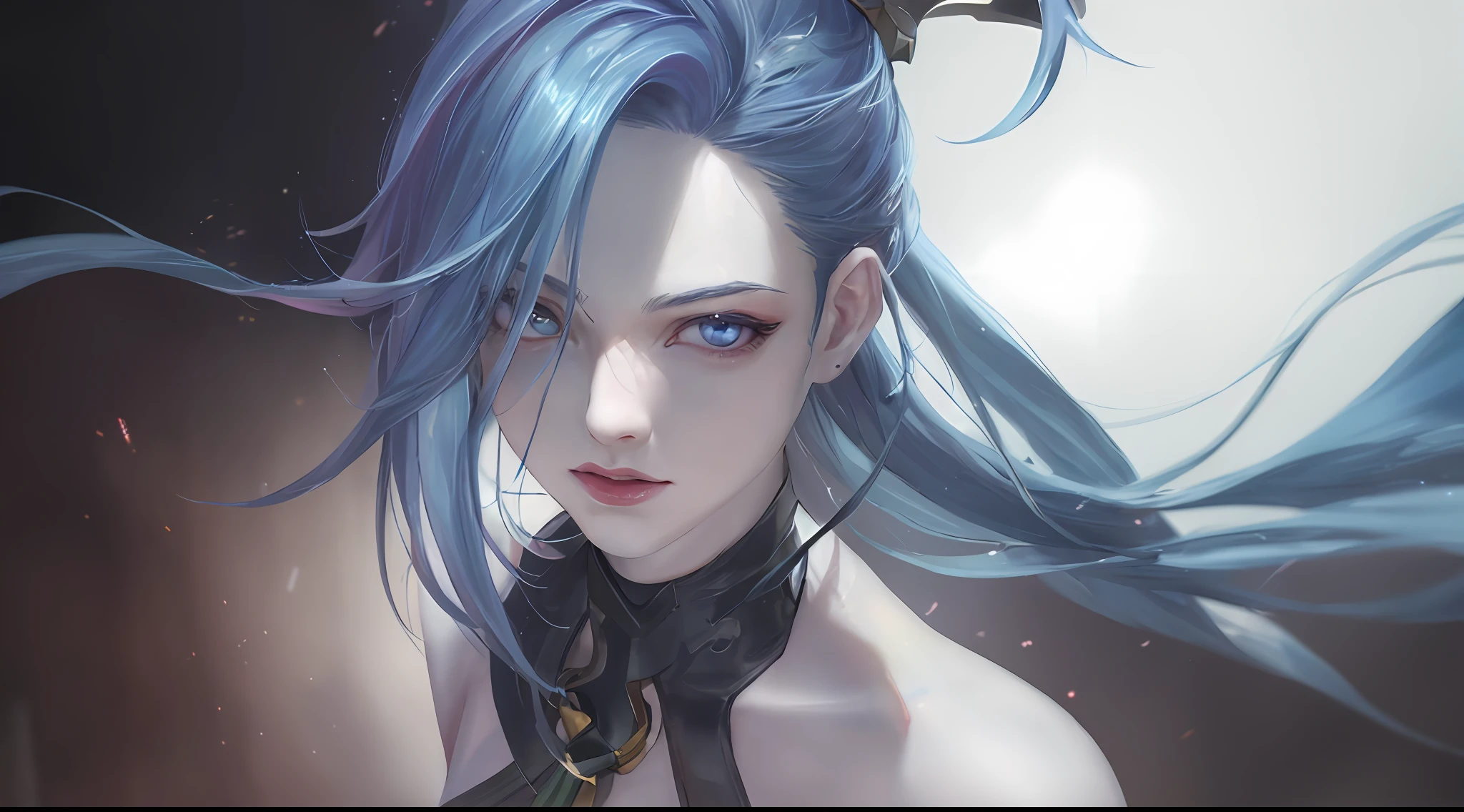 A close up of a person with blue hair and a bird on their head（jinx ...