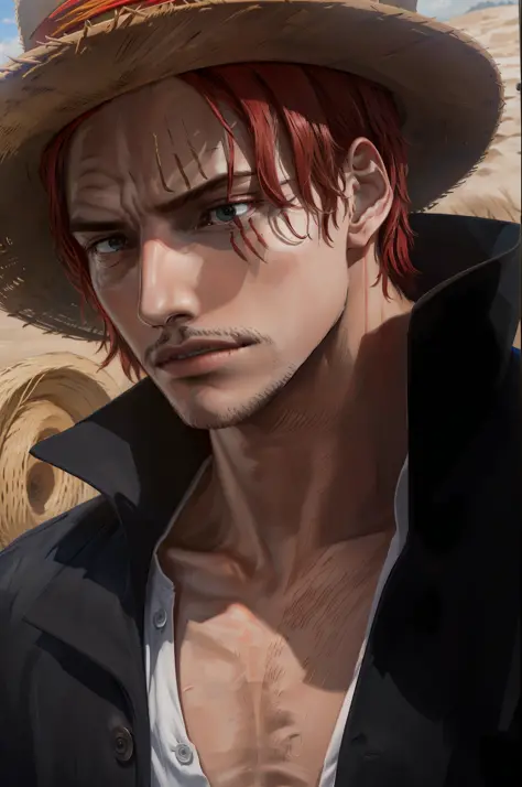 (masterpiece, best quality),  intricate details,
 1boy, man, red hair, straw hat, Shnks, shanks \(one piece\),  scar on face,