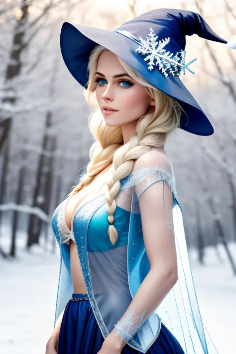 award winning character concept art of, a cute magical witch, blue eyes, blonde hair, blurry_background,  witch hat, natural lighting, lips, looking_at_viewer, solo, from side, Digital art women breast view, imagine v1, 9:16 rotate, 8K UHD, cute beautiful ...