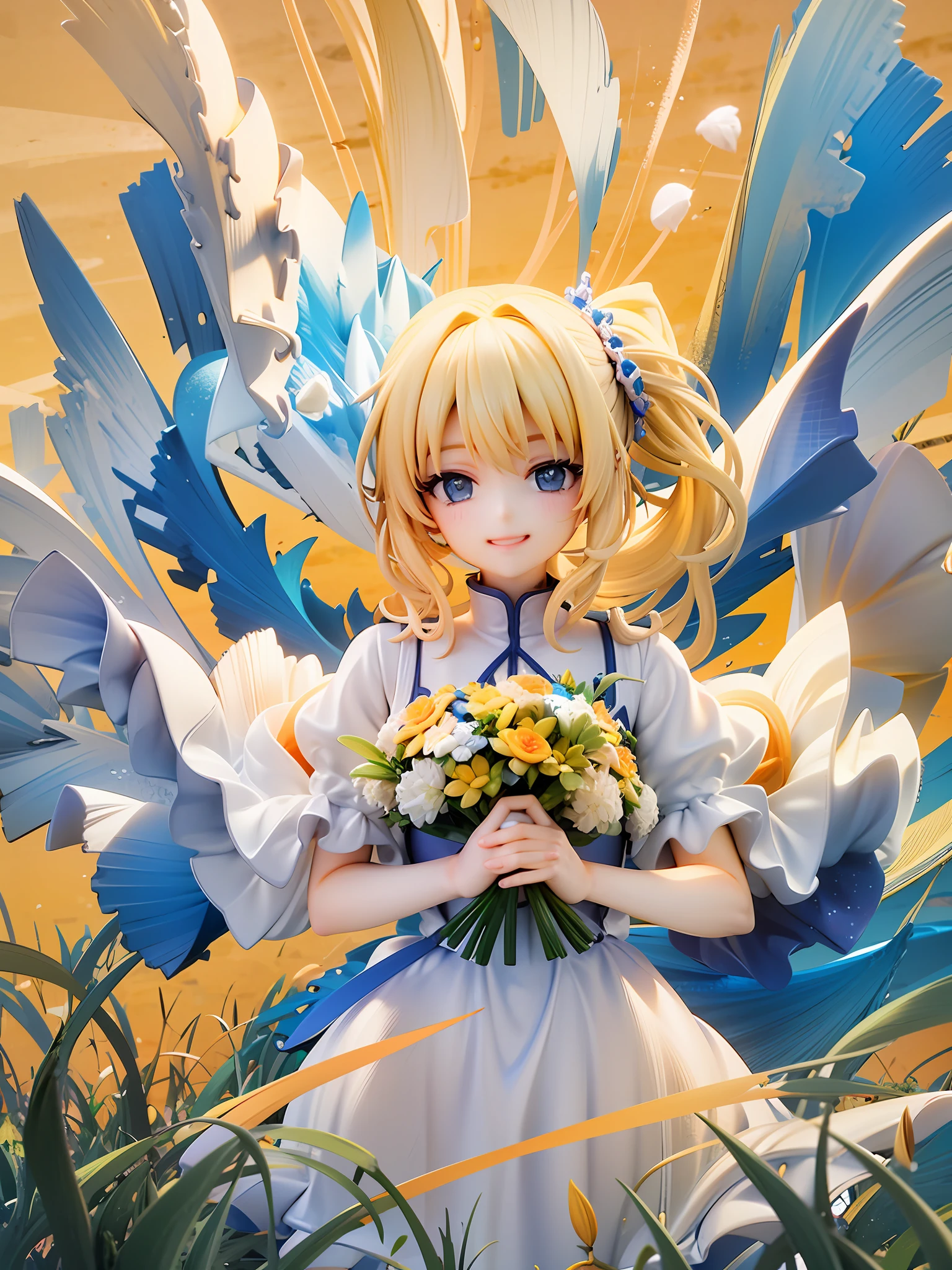 fille, cheveux blonds, queue de cheval, yeux bleus, Beaux yeux, sourire, heureux, Robe blanche, bouquet, tenir à deux mains, Haut du corps, dans les prairies, ciel doré