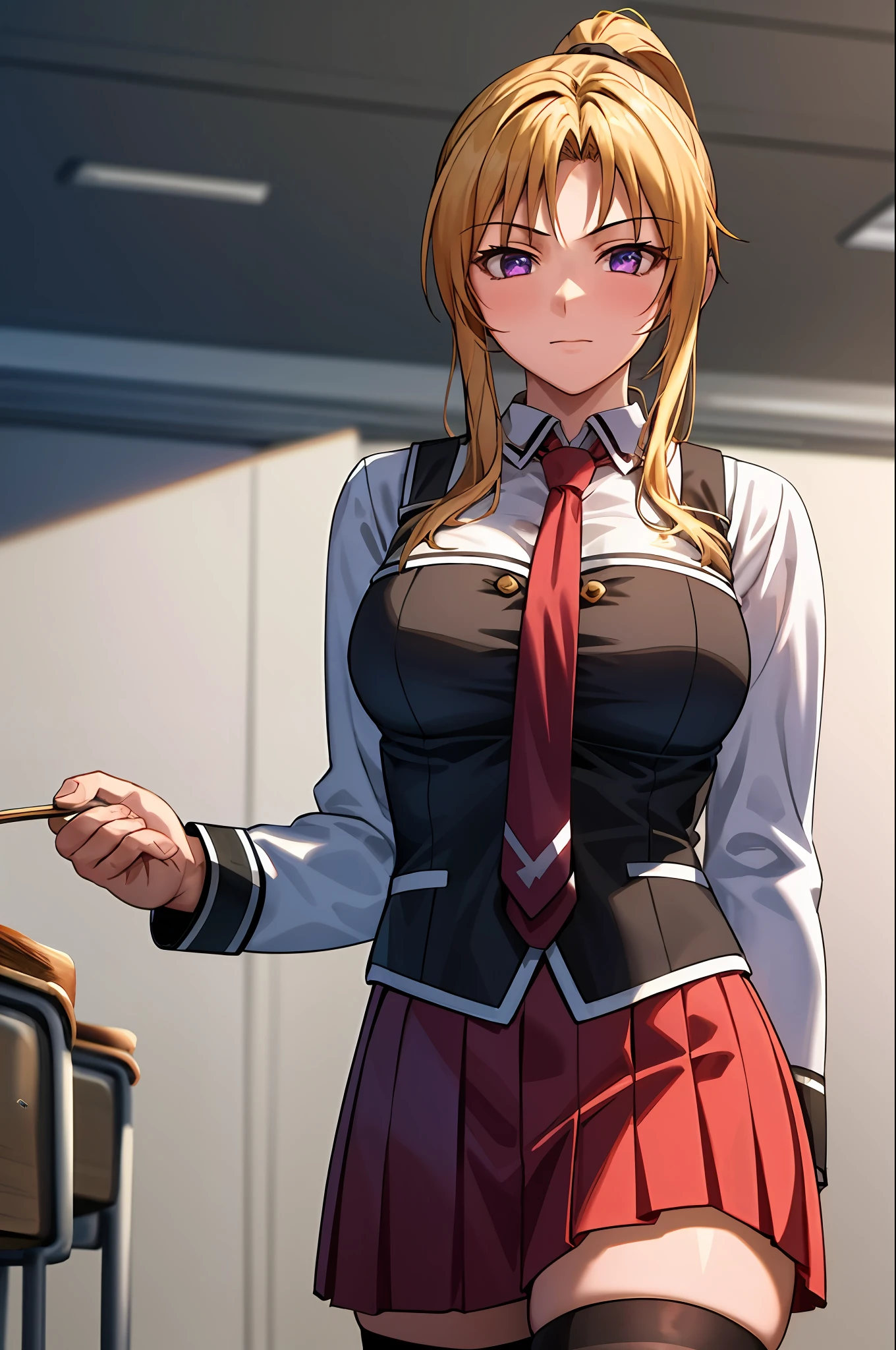 chef-d&#39;œuvre, Meilleure qualité, haute résolution, 1fille kaori saeki, uniforme scolaire fines bretelles gilet noir cravate rouge jupe rouge cuissardes noires, Salle de classe, tir de cow-boy, (suffisant:0.3), regarder le spectateur, se concentrer uniquement