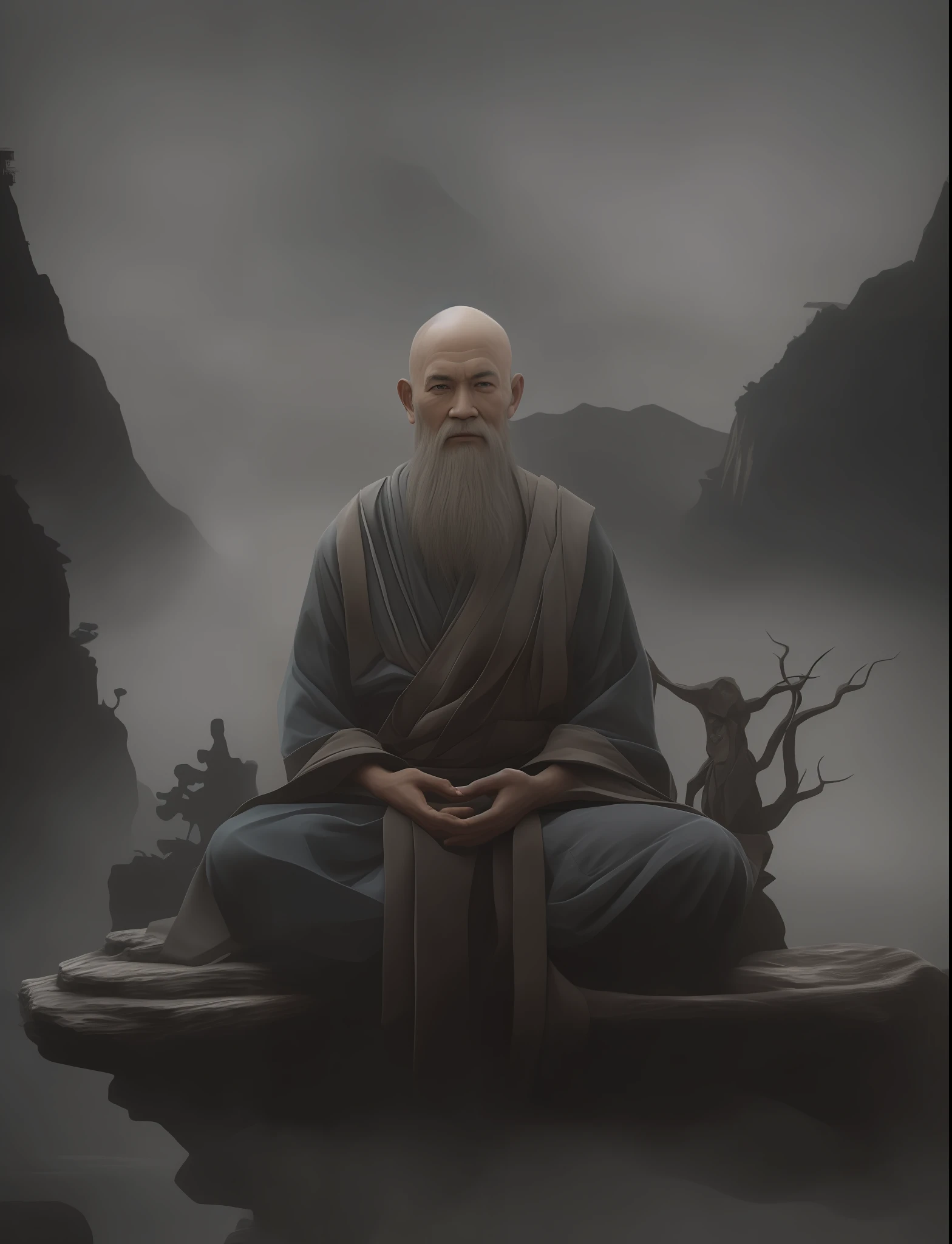 /Imagine Zen old monk, A high-ranking monk, Gray robe, with big eyes, Smile and meditate, Face the camera, Full body photo, Frontal photo, The background is alpine flowing water, Chinese wind, specifics, cinematic light, High quality --ar 3:4[pictures], 3D, Surrealism, cinematic lighting, UHD, super detail, textured skin, UHD, ccurate, textured skin, high details --auto