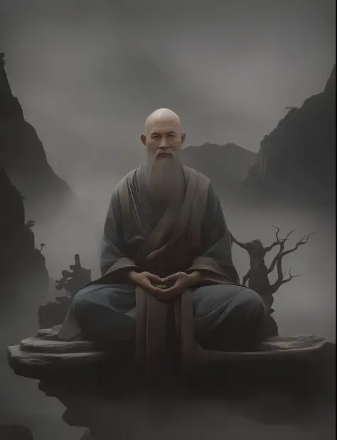 /Imagine Zen old monk, A high-ranking monk, Gray robe, with big eyes, Smile and meditate, Face the camera, Full body photo, Fron...