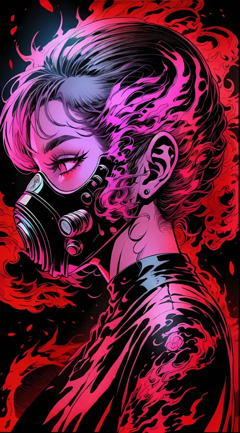 A beautiful girl with delicate facial features and an industrial gas mask, white double ponytail, demon horns on her head, tatto...
