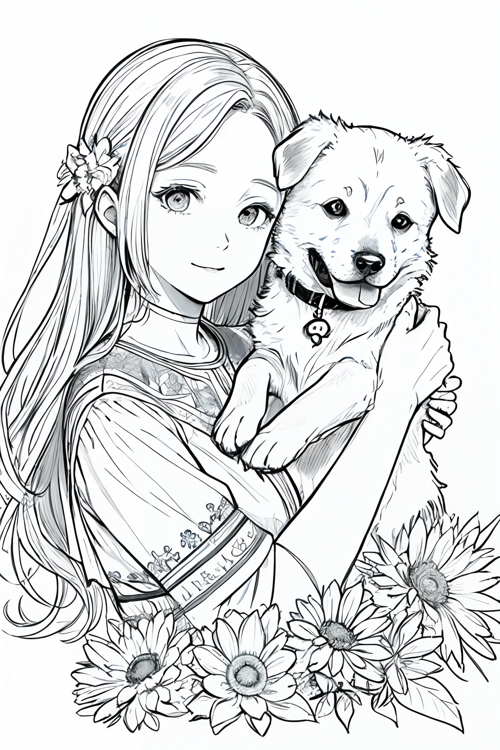 "obra maestra, alta calidad, detallado, Monochromatic drawing of girl hugging dog puppy, Background flower line, High resolution sketch"