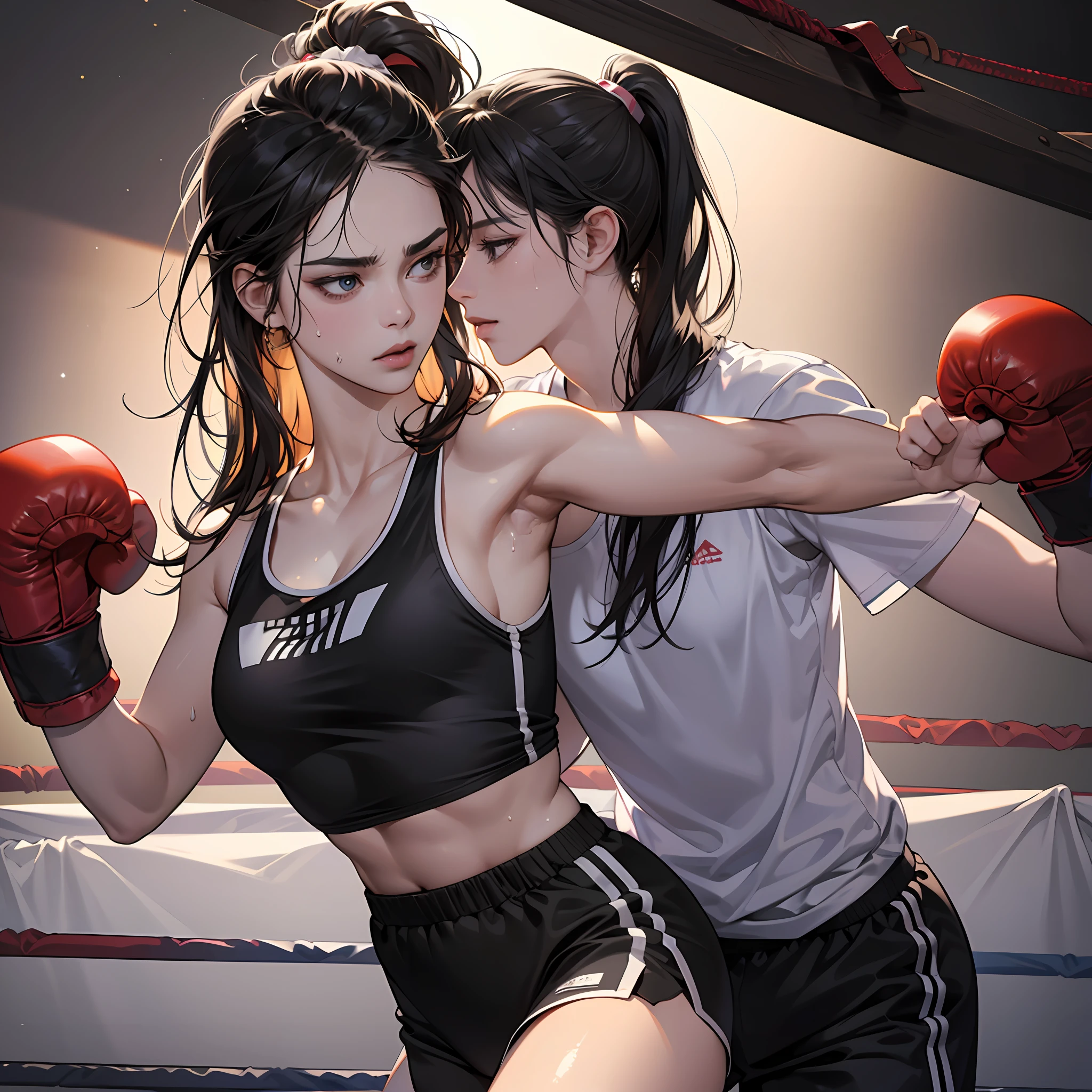 (original) , (very detailed wallpaper) , (best quality) , (masterpiece) , photographic reality, realistic, very detailed illustrations, (1 girl) , beautiful eyes, (delicate face) , perfect detail, (best lighting) , (super complex details) , 
 (boxing girl) , (aggressive punching) , sweat, heavy breathing, (oppressive attack) , (boxing ring) , athletic shorts, perfect detail, perfect fingers, perfect limbs, impact, (shiny skin) , abs, muscles, waistline,boxing shorts, fist fight, black hair, high ponytail, very long hair, 
4K unified, (super detailed CG: 1.2) , (8K: 1.2) , realistic, octane rendering --auto