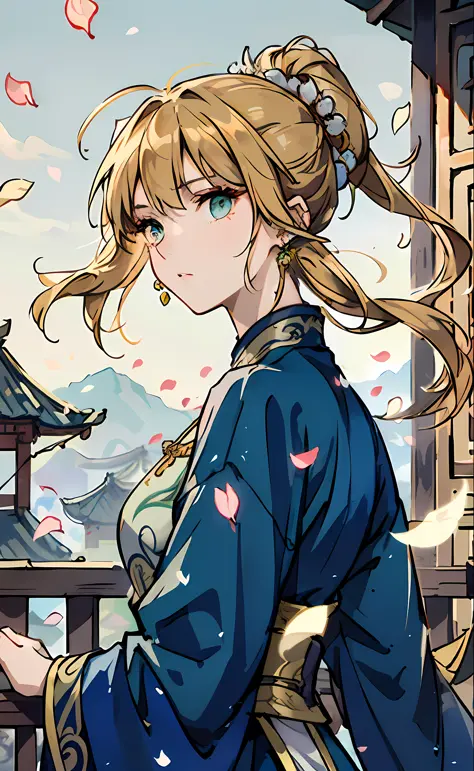 Mature girl, saber, greeneyes, golden hair hair color, floating hair, delicate and flexible eyes, intricate damask hanfu, gorgeo...