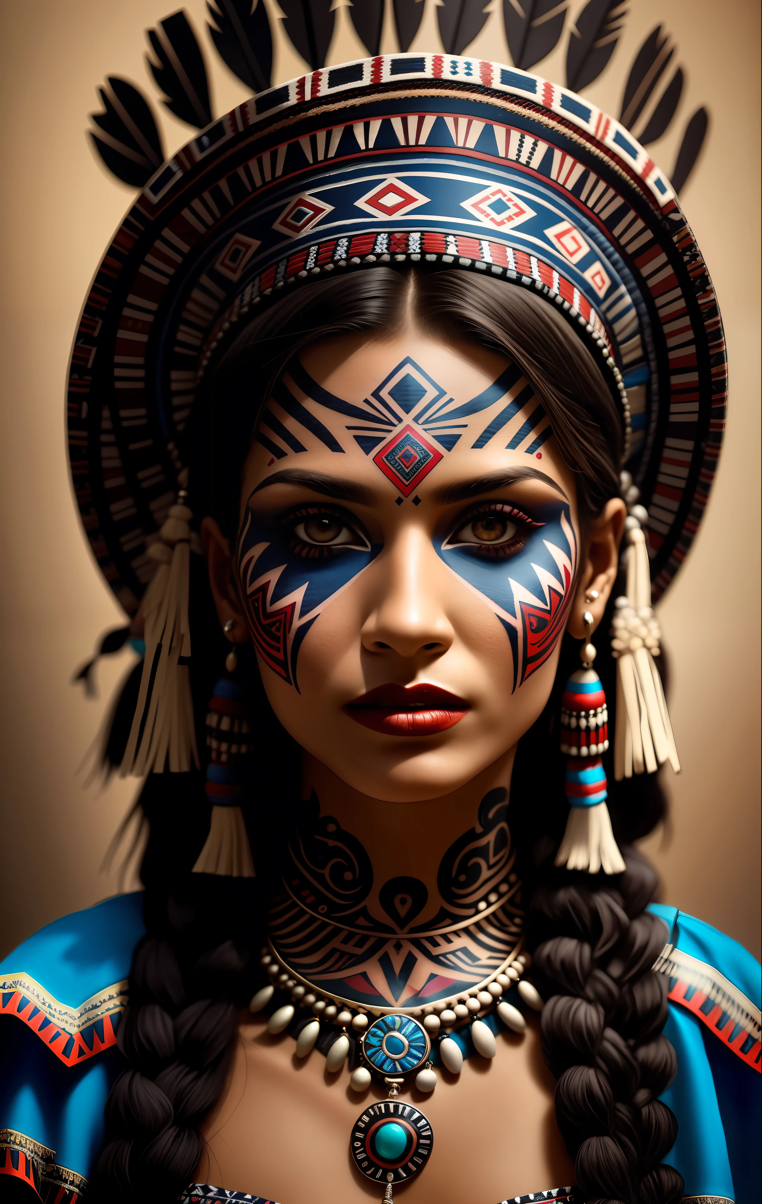 a close up of a woman with a headdress and tattoos, aztec princess portrait, tribal makeup, aztec warrior goddess, tribal piercing and tatoos, tribal facepaint, gothic maiden shaman, amazon warrior, tribal style, aztec queen, wholesome techno - shaman lady, warrior woman, mayan priestess, she is dressed in shaman clothes, a young female shaman