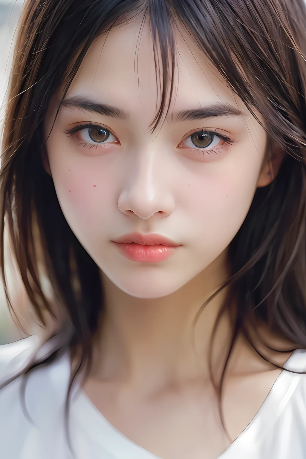 clothed、(photoRealstic:1.4)、(hiper realistic:1.4)、(Realistic:1.3)、(Smooth lighting:1.05)、(Improved cinematic lighting quality:0.9)、32K、1girl in、30-year-old girl、Typical Japan human face、Realistic lighting、back lighting、Facial Lights、Ray tracing、(brightened light:1.2)、(Quality improvement:1.4)、(Realistic textured skin of the highest quality:1.4)、fine detailed eyes、detailed faces、Fine quality eye、(Tired, sleepy and satisfied: 0.0)、Face close-up、tshirts、(Enhances the atmosphere of the body line:1.1)、(Increase the beauty of skin texture:1.1)