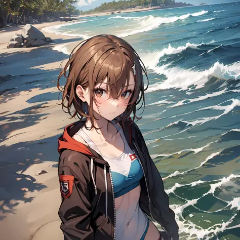 A masterpice, beste-Quality, Misaka_mikoto, Brown-eyed, Short_hair, Small_Breast, looking at the viewers　red swim wear, random posing　seas　beach　　Cool face