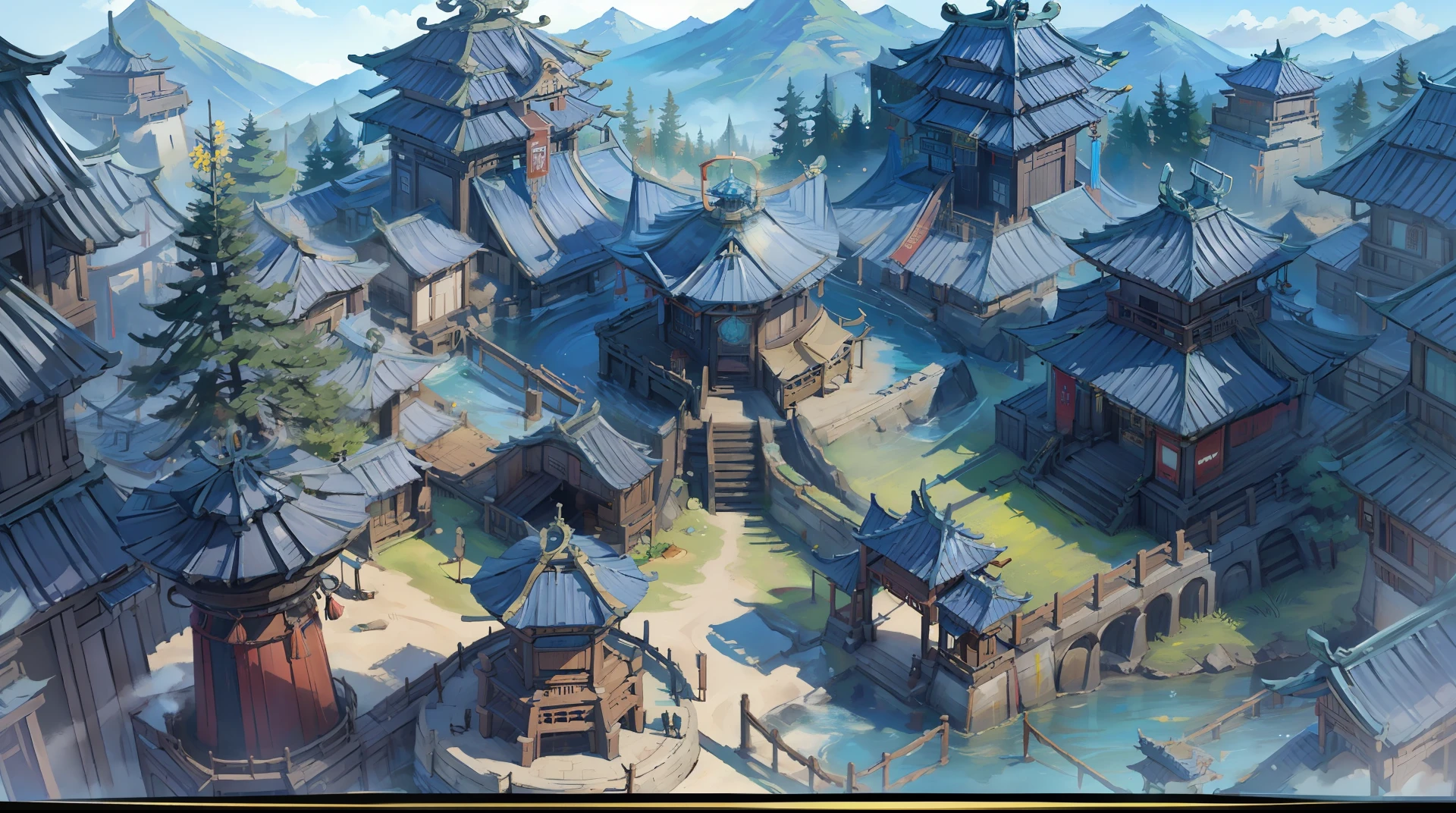 Immortal world, sky realm, blue and white tones, science fiction style, ancient Chinese architecture, macroscopic, shocking, bright colors, villages