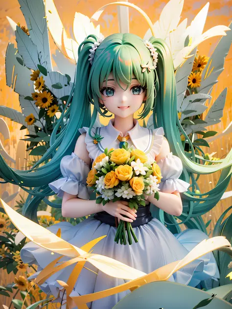 Girl, green hair, twintile, green eyes, beautiful eyes, smile, happy, white dress, bouquet, holding with both hands, upper body,...