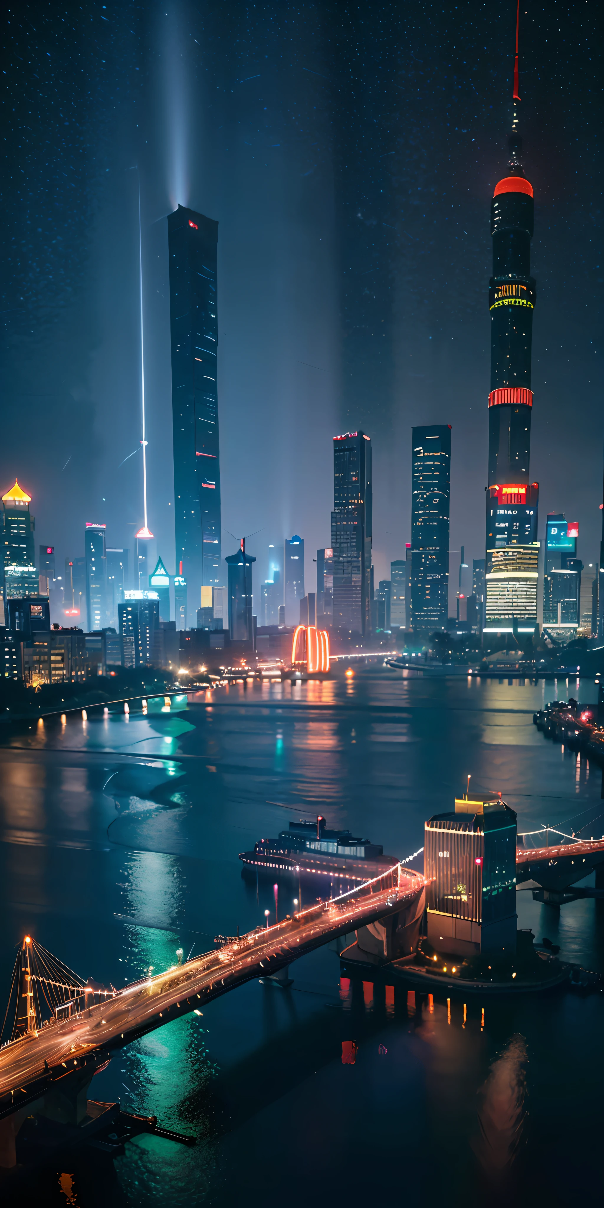 Cinematic, dynamic visuals with vibrant energy, evocative of the shimmering lights of Shanghai, in stunning 4K resolution, with every detail meticulously emphasized)