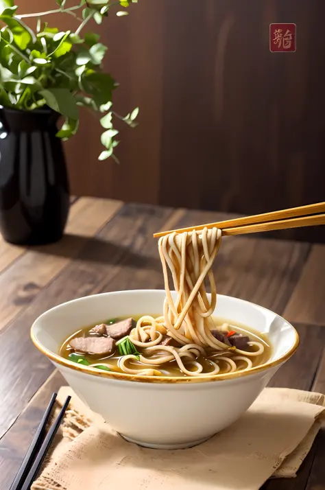 There is a bowl of noodles on the table, White bowl，Chopsticks pick up the noodles, It has vegetables and meat on top, No hands，Golden broth, delicacy, real photograph, f/4.0, three sided view, High details, High quality