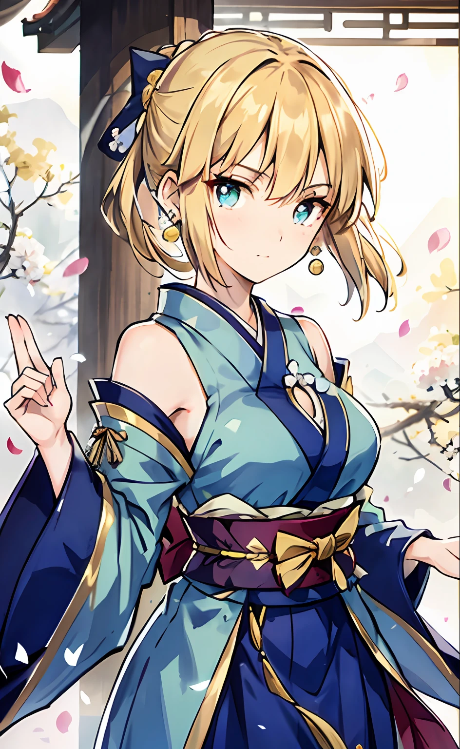 فتاة ناضجة, لتعرف, عيون خضراء, لون الشعر الذهبي, Floating hair, delicate and Flexible eyes, intricate shrine maiden outFit, إكسسوارات رائعة, ارتداء أقراط اللؤلؤ, Fov, F/1.8, تحفة, العمارة اليابانية القديمة, السماء الزرقاء, Flower petals Flying, Front portrait shot, عذراء الضريح, الإضاءة الجانبية, ضوء الشمس على الناس, 8 كيلو, (الثدي المعتدل:0.9, الثدي الجانبية:0.8)