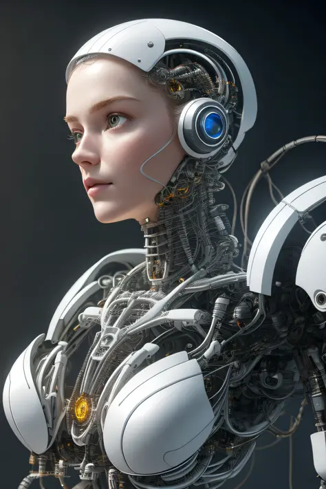 AI Robot ,blue human eyes ,as avatar looking on camera