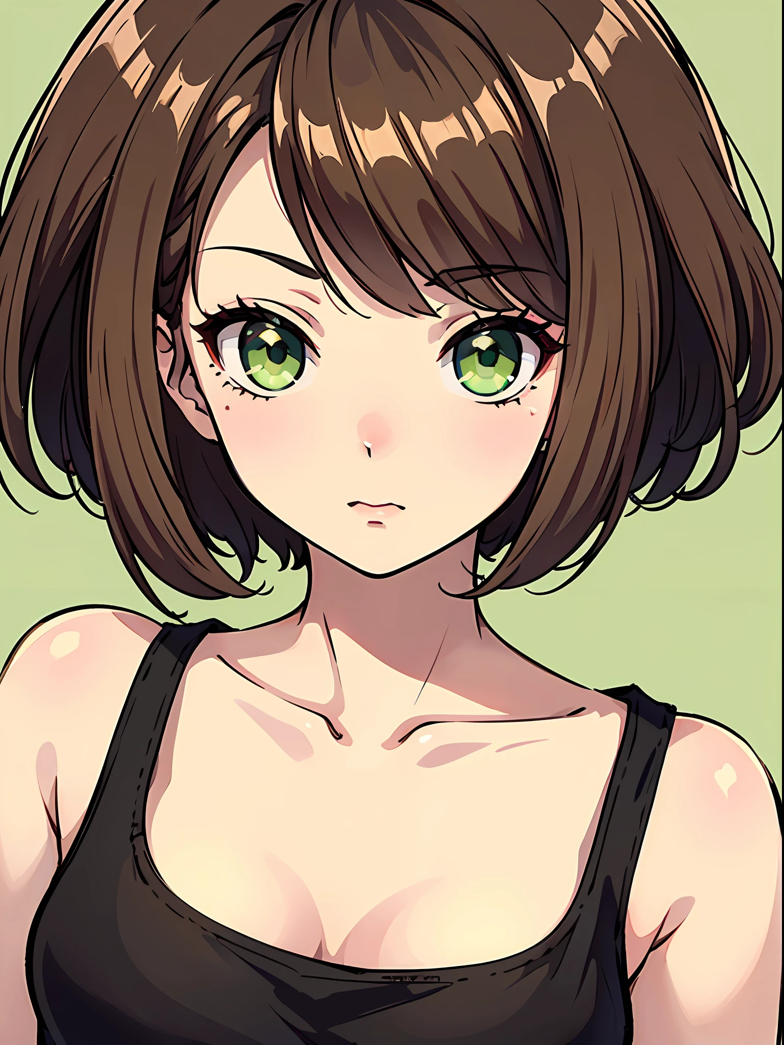 (masterpiece), best quality, beautiful detailed hair detailed face, very , solo, close-up portrait, narrow perspective, perfect  face, very cute girl, (black tanktop), chesnut brown hair, short hair, green eyes