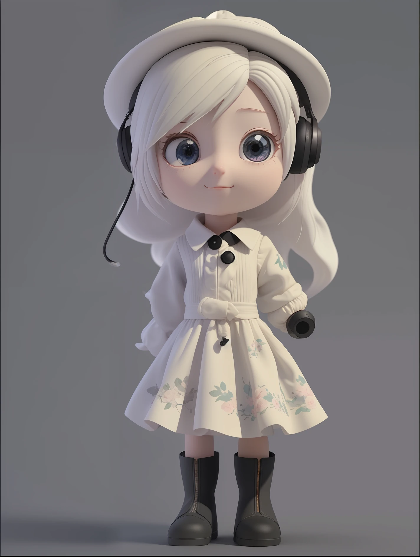 a Super cute girl ,Wearing a floral dress,Wearing boots,Wearing a hat and earphones，big watery eyes,full body,looking at viewer,open hands，MD clothing, clothing wrinkles，clean background,dreamy,excited,super cute girl IP by pop mart ,high detail ,hyper quality,Bright color,mockup blind box toy,disney style ,fine luster,3D render,oc render,best quality ,bright,front lighting,Face Shot,fine luster,ultra detoiled ，8k