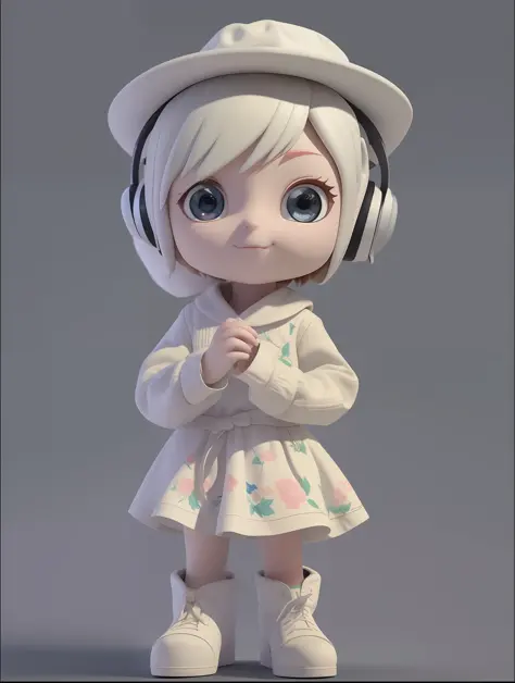 a Super cute girl ,Wearing a floral dress,Wearing boots,Wearing a hat and earphones，big watery eyes,full body,looking at viewer,...