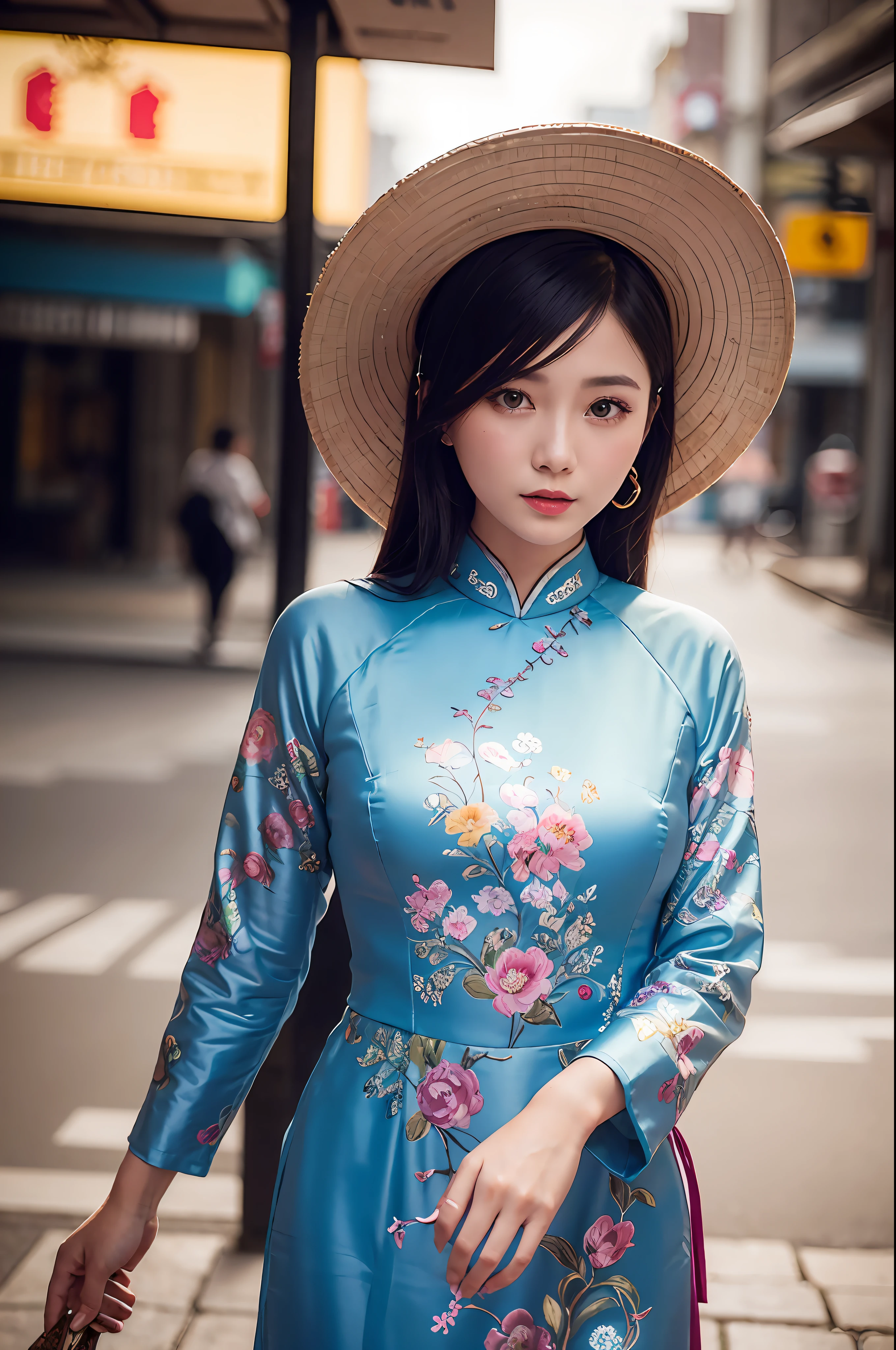 a beautiful girl in vintage bright colors aodai tradition viet nam, city nigth, masterpiece, best quality, realistic:1.3, street, cyberpunk, sunlight, backlighting, artstation, intricate details, vignette, city night, antique car, Hoi An, Conical Hat traditional viet nam